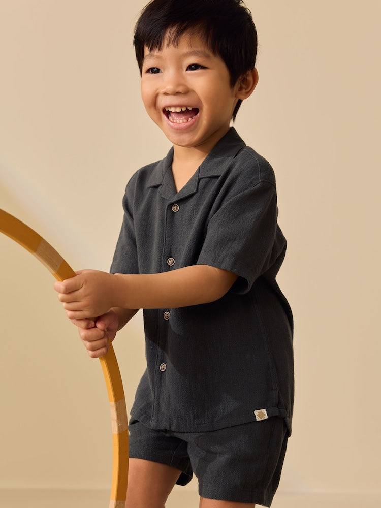 Charcoal Grey Short Sleeve Revere Collar Shirt & Shorts Set (3mths-10yrs)