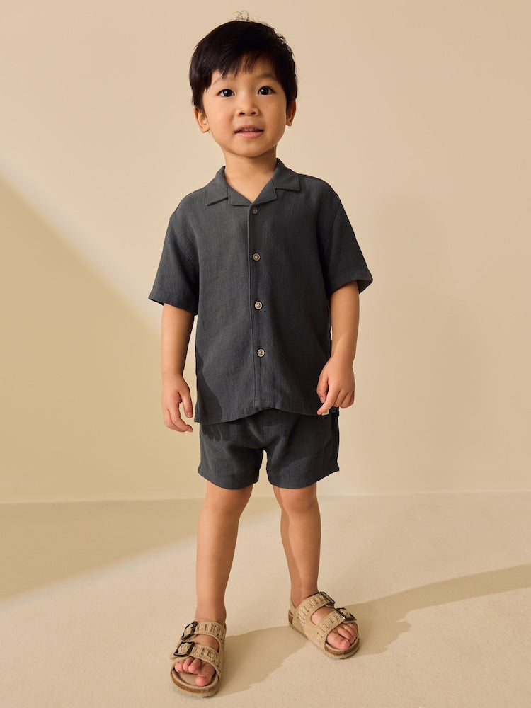 Charcoal Grey Short Sleeve Revere Collar Shirt & Shorts Set (3mths-10yrs)