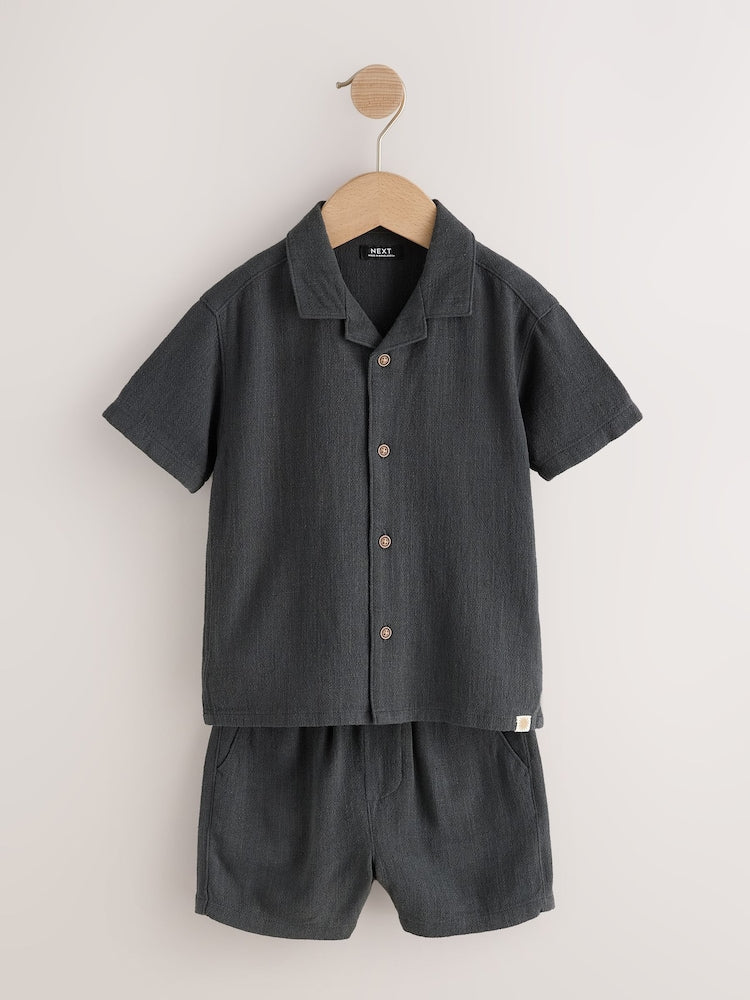 Charcoal Grey Short Sleeve Revere Collar Shirt & Shorts Set (3mths-10yrs)