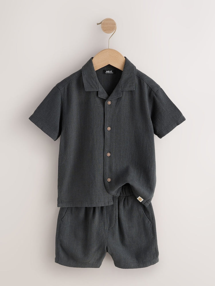 Charcoal Grey Short Sleeve Revere Collar Shirt & Shorts Set (3mths-10yrs)