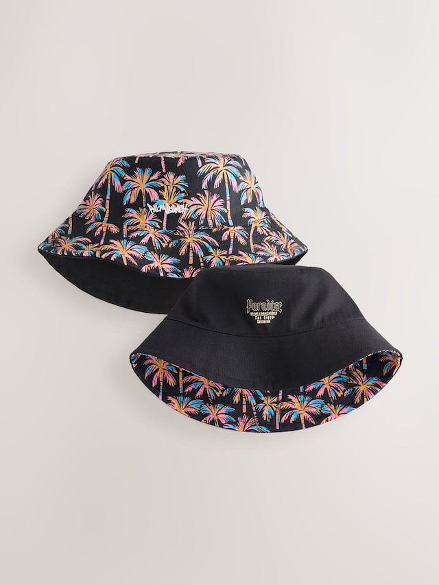 Black Multi Palm Trees Reversible Bucket Hat (1-16yrs) - Size 1-2 Years (80-92cm)
