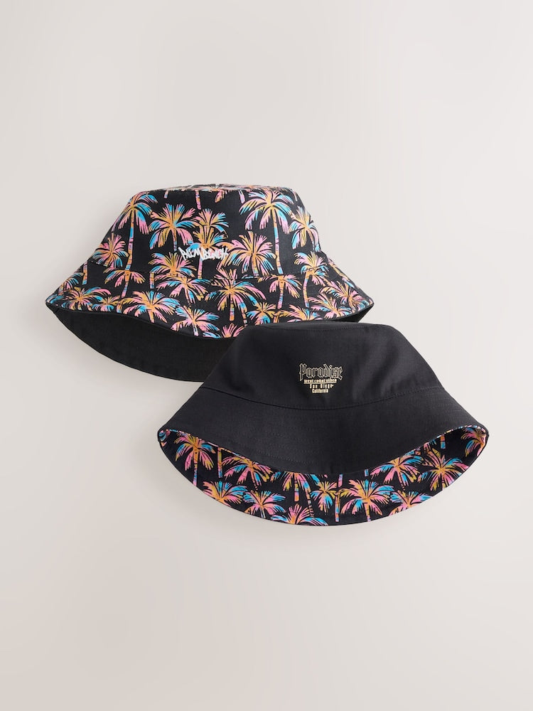 Black Multi Palm Trees Reversible Bucket Hat (1-16yrs) - Size 1-2 Years (80-92cm) - Black Multi Palm Trees