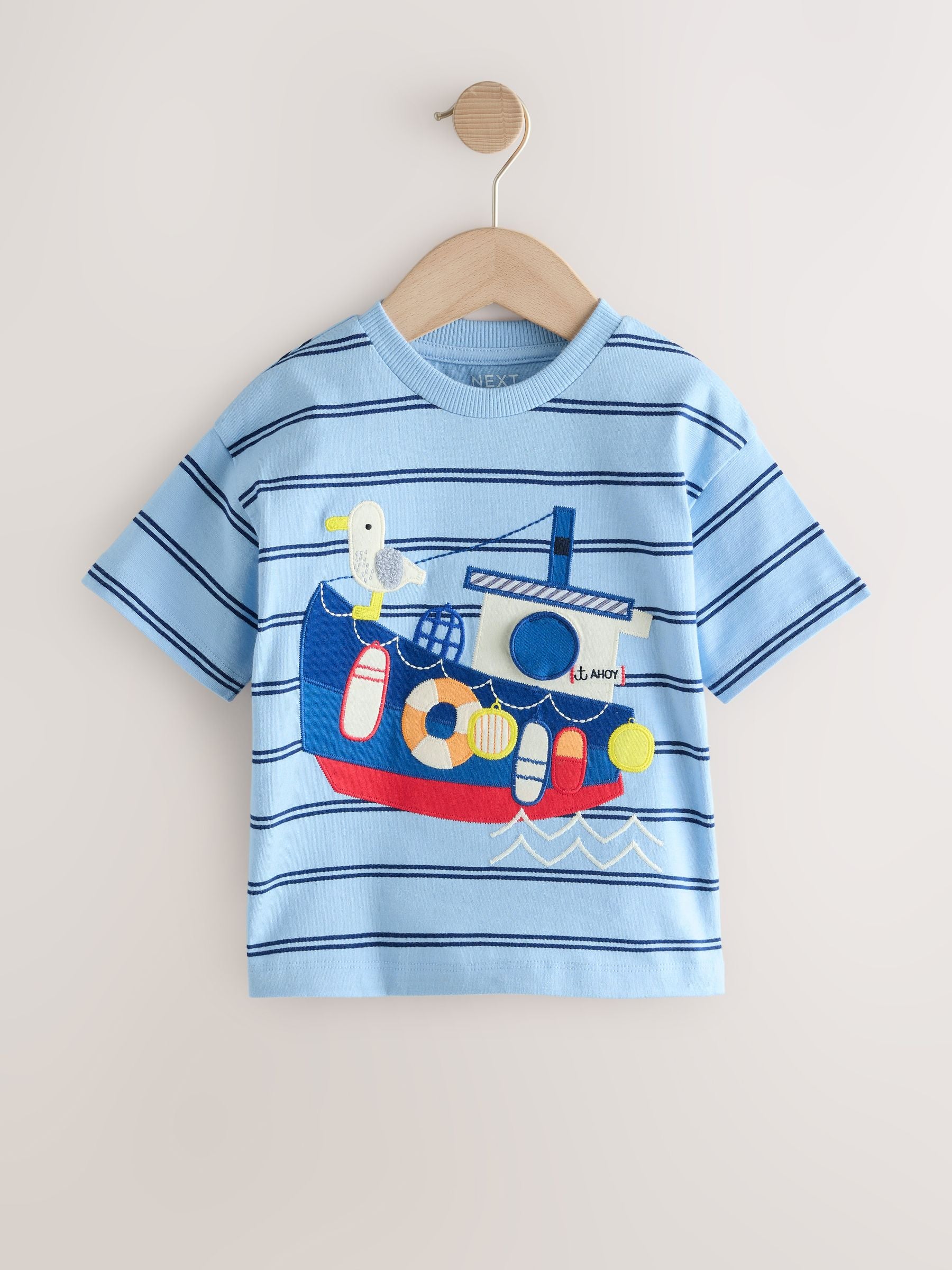 Blue Stripe Sealife Boat Short Sleeve Interactive T-Shirt (3mths-7yrs) - Size 3-6 Months (62-68cm)