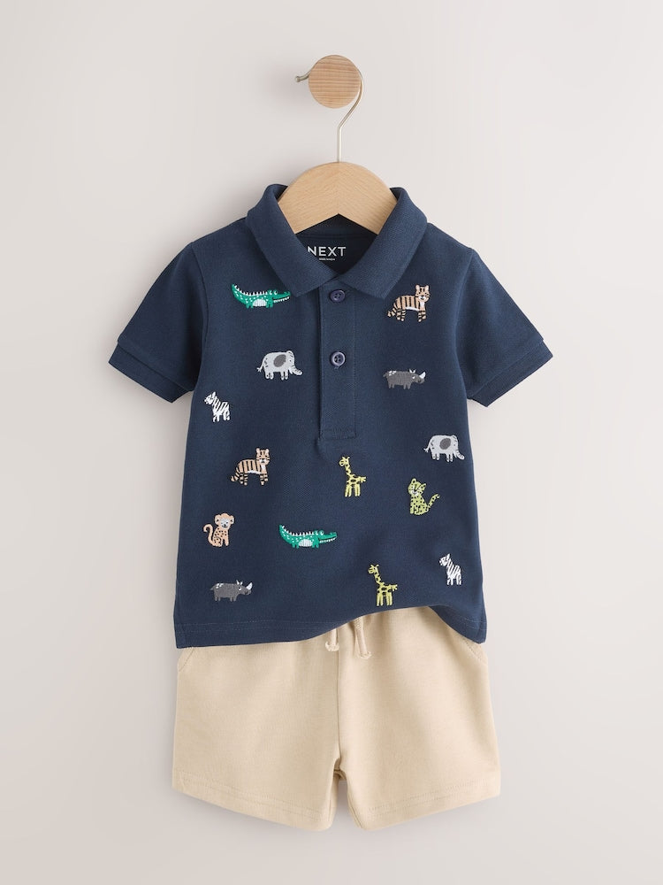 Navy All Over Embroidery Safari Animals Short Sleeve Polo Shirt and Shorts Set (3mths-7yrs)