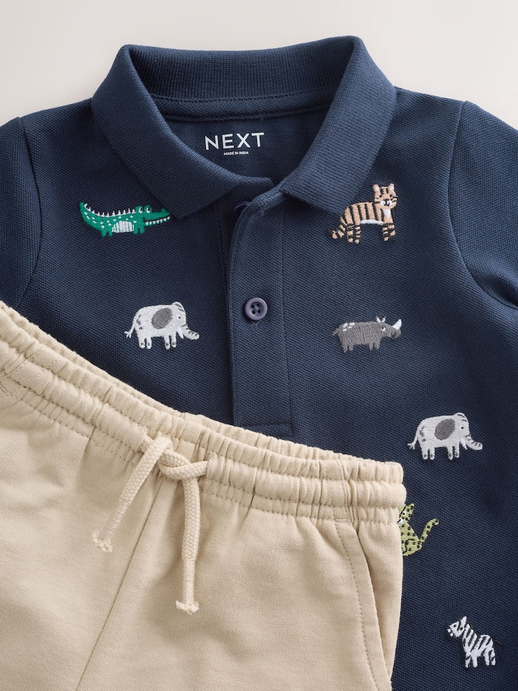 Navy All Over Embroidery Safari Animals Short Sleeve Polo Shirt and Shorts Set (3mths-7yrs)