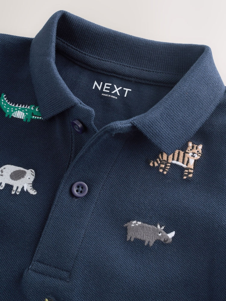 Navy All Over Embroidery Safari Animals Short Sleeve Polo Shirt and Shorts Set (3mths-7yrs)