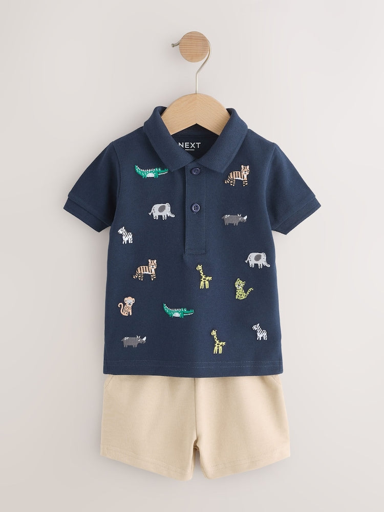 Navy All Over Embroidery Safari Animals Short Sleeve Polo Shirt and Shorts Set (3mths-7yrs)
