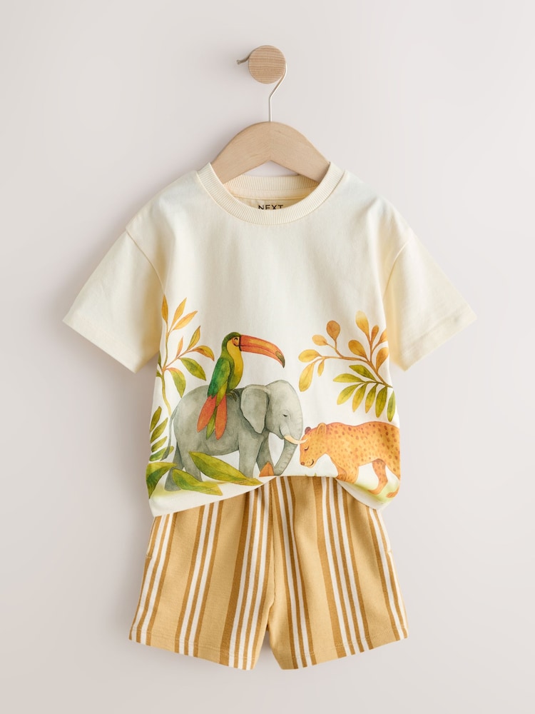 Light Yellow Watercolour Safari Short Sleeve Back Print T-Shirt and Shorts Set (3mths-7yrs)