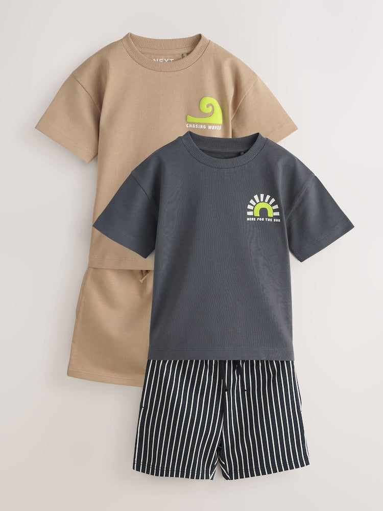 Black/Tan Waves Short Sleeve T-Shirt and Shorts Set 2 Pack (3mths-7yrs)