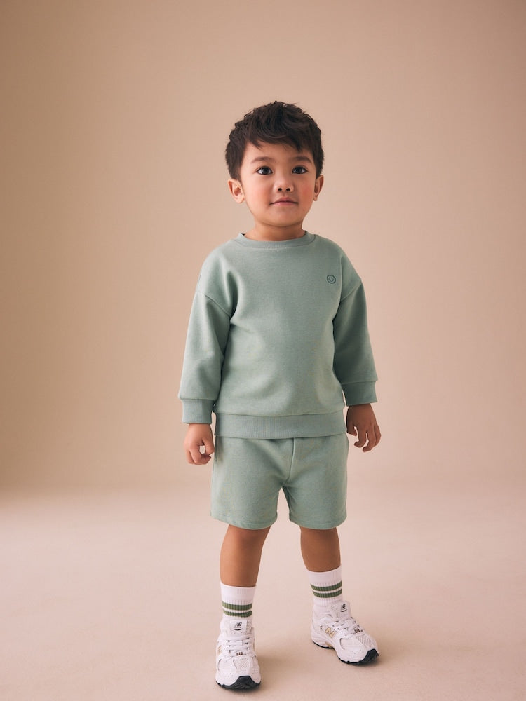 Sage Green Single Plain Crew Neck Sweatshirt and Shorts Set (3mths-7yrs)