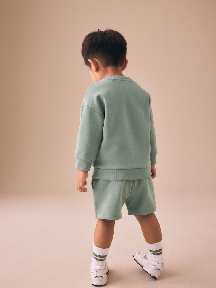 Sage Green Single Plain Crew Neck Sweatshirt and Shorts Set (3mths-7yrs)