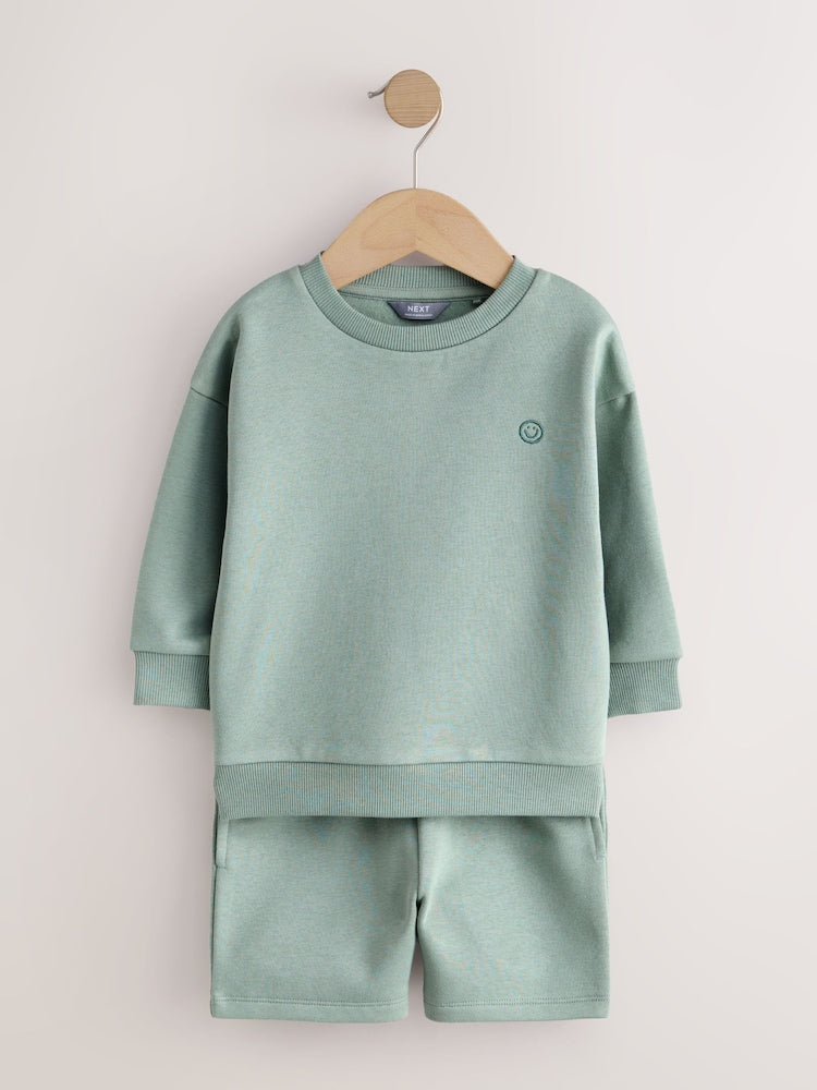 Sage Green Single Plain Crew Neck Sweatshirt and Shorts Set (3mths-7yrs)