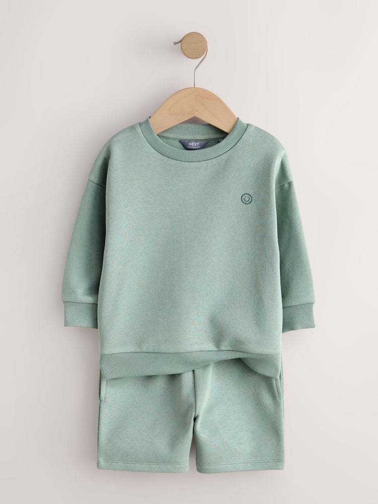 Sage Green Single Plain Crew Neck Sweatshirt and Shorts Set (3mths-7yrs)
