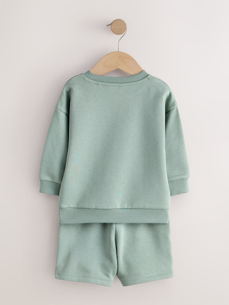 Sage Green Single Plain Crew Neck Sweatshirt and Shorts Set (3mths-7yrs)