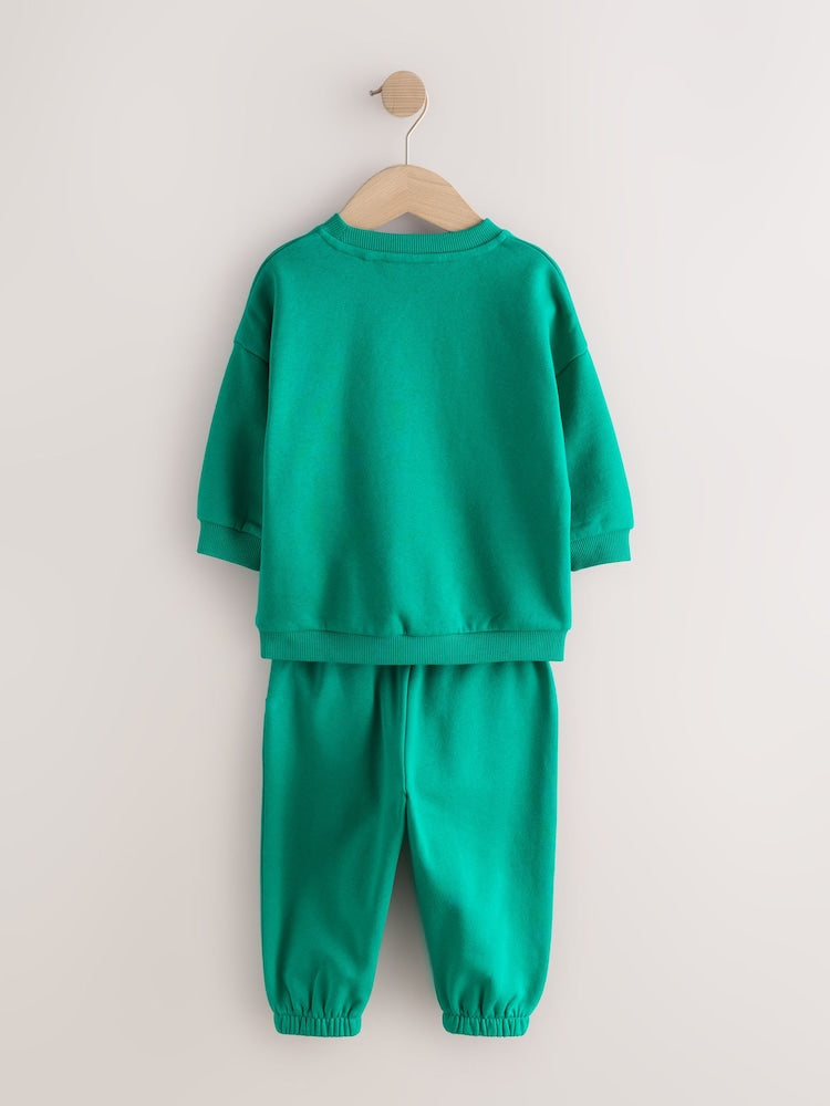 Bright Green Single Printed Crew Neck Sweat Top & Joggers Set (3mths-7yrs)