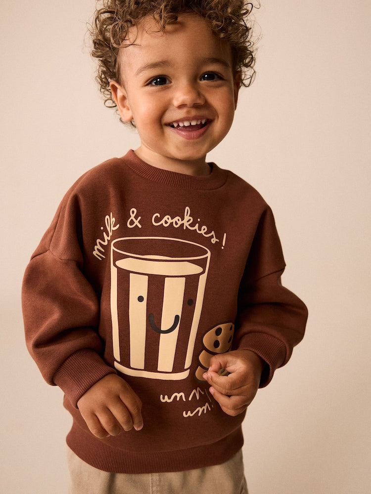 Mocha Brown Printed Crew Neck Sweat Top (3mths-7yrs)