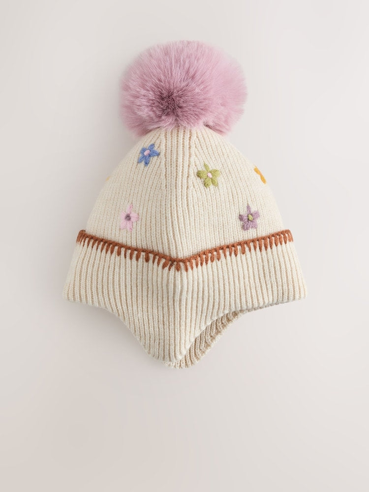 Ecru Flower Beanie Pom Hat (3mths-10yrs) - Ecru Flower / 7 - 10 Years (122 - 140cm)