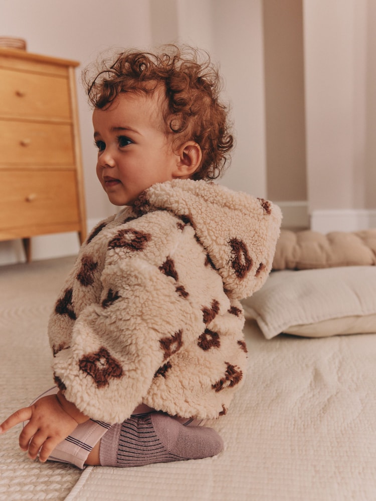 Neutral and Chocolate Floral Borg Baby Zip Thru Jacket (0mths-2yrs) - Up to 1 Month (50-56cm)