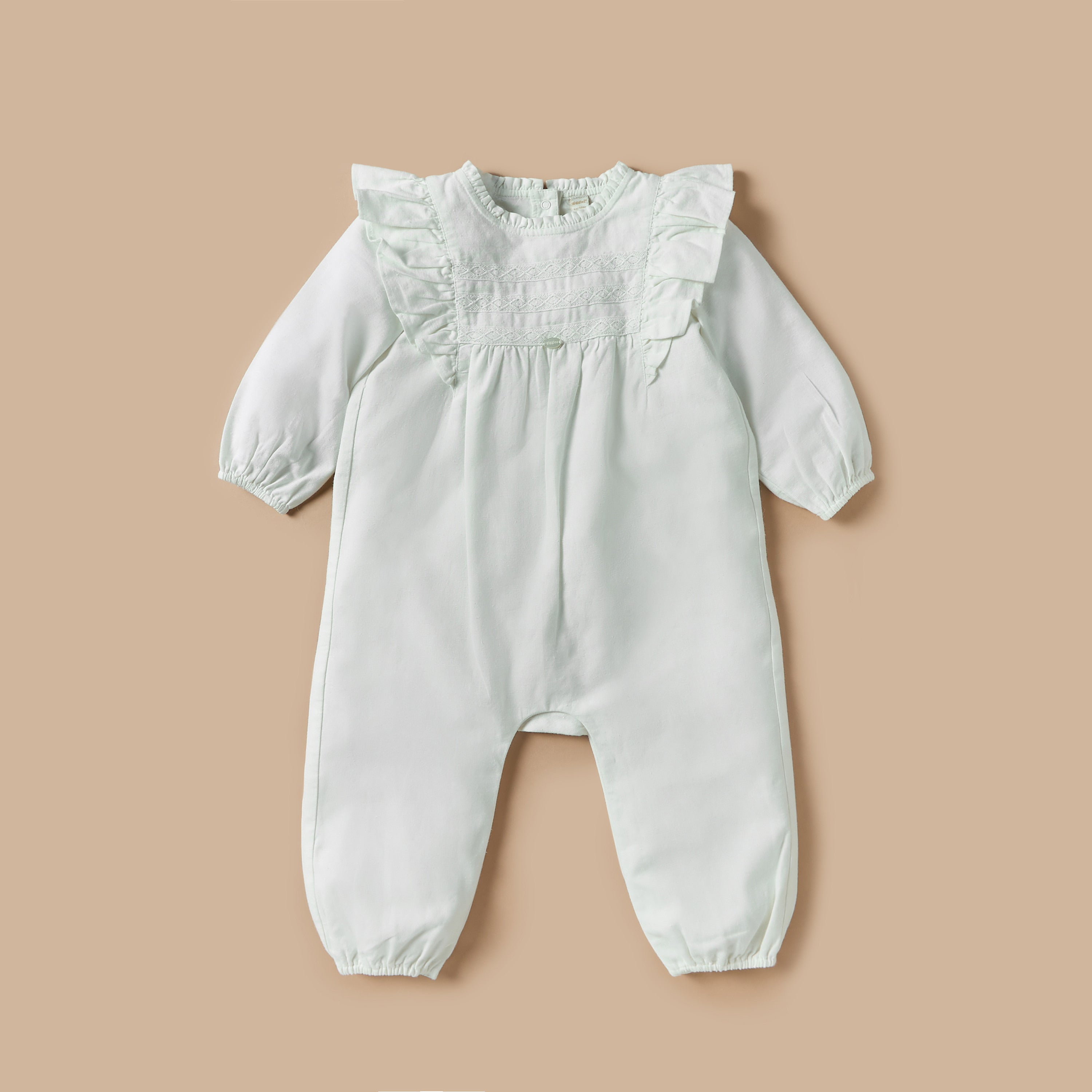 Giggles Textured Romper with Long Sleeves and Ruffle Detail - Green / 12-18 mths