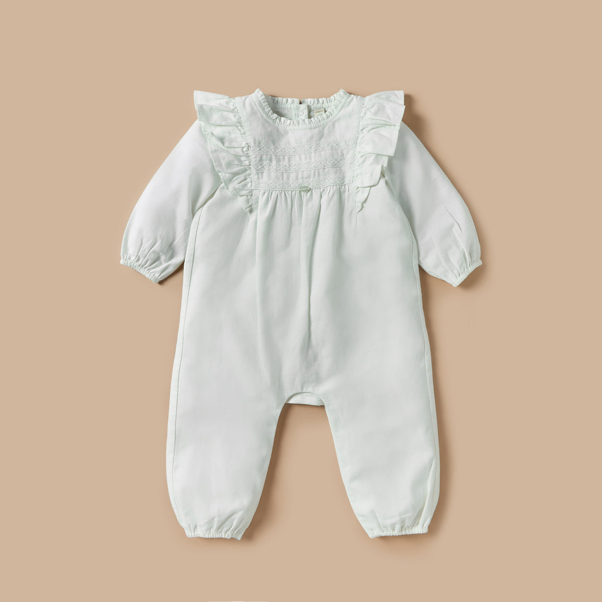 Giggles Textured Romper with Long Sleeves and Ruffle Detail