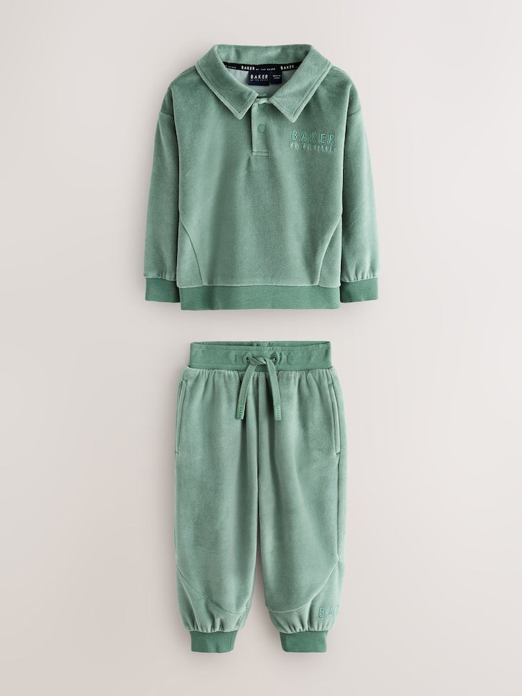 Baker by Ted Baker Green Velour Long Sleeve Rugby Top And Joggers Set - Green / Up To 3 Months (50 - 62cm)