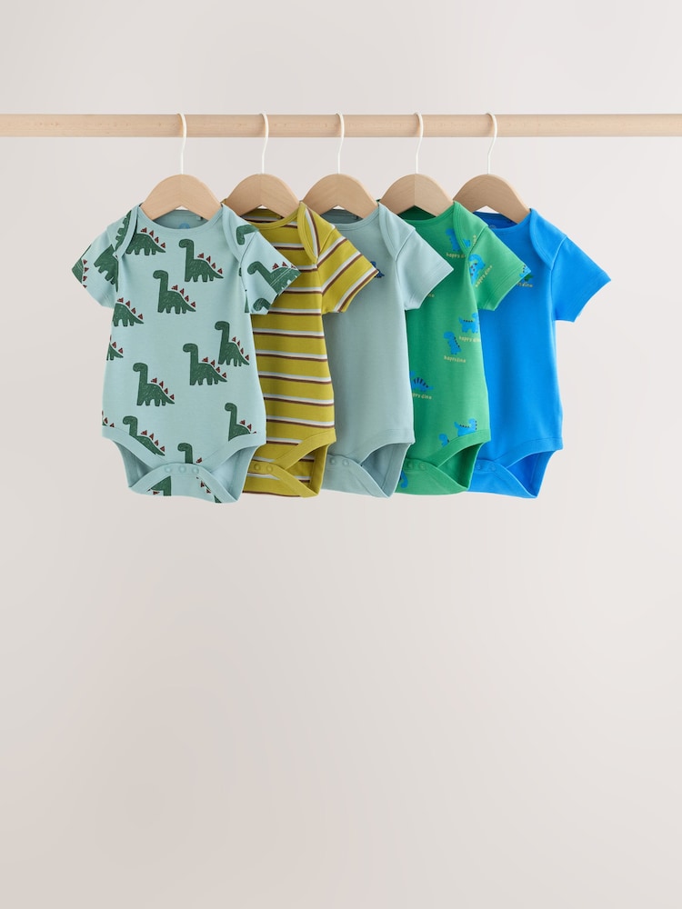 Green Dinosaur Short Sleeve Baby Bodysuits 5 Pack