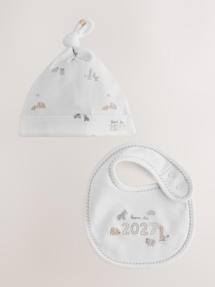 White Born in 2027 Hat and Bib Set (0-12mths) - white / Up To 3 Months (50 - 62cm)