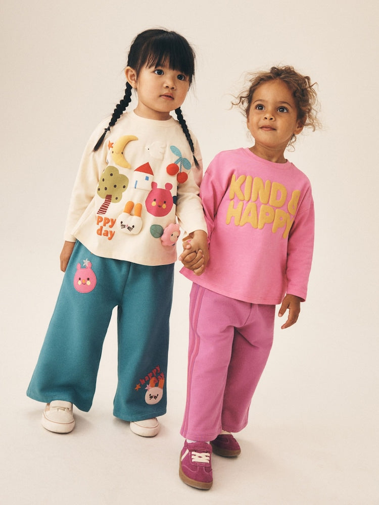 Pink & Ecru Padded Bunny Long Sleeve & Wide Leg Trousers Set 2 Pack (3mths-7yrs) - Pink & Ecru Padded Bunny / 12 - 18 Months (80 - 86cm)