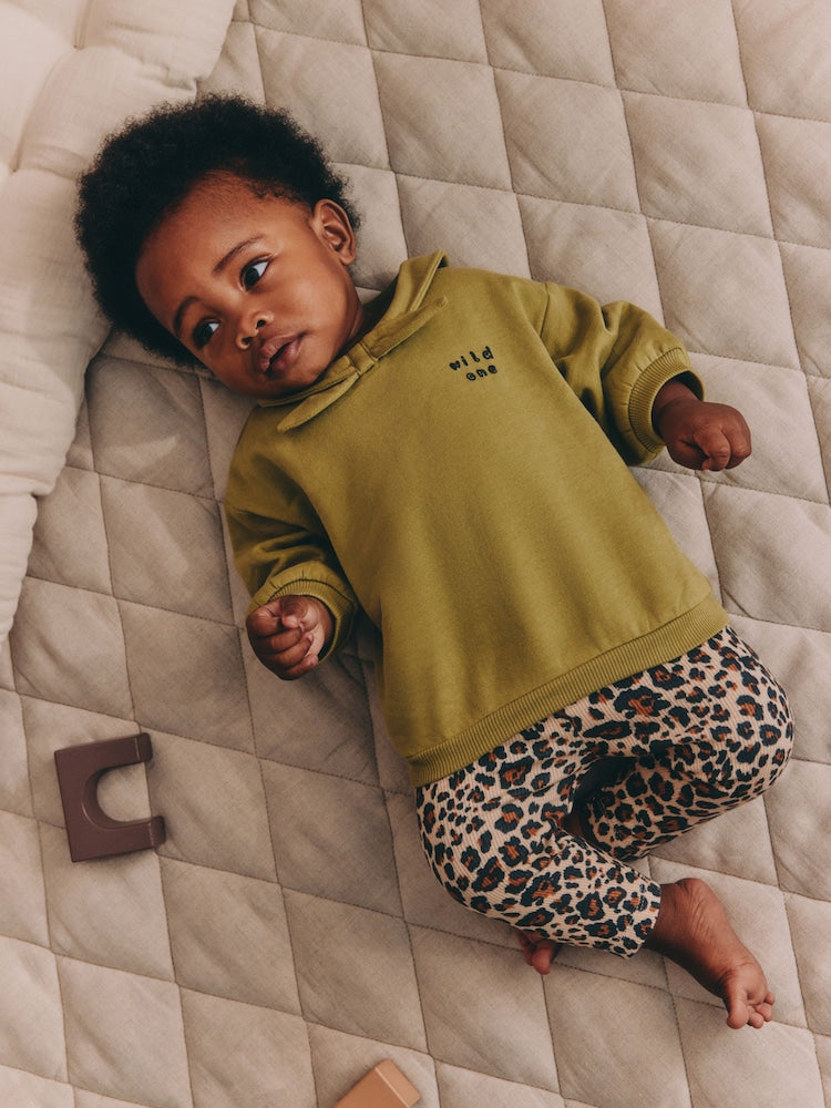 Green / Leopard Baby Sweat Top And Wide Leg Leggings 2 Piece Set (0mths-2yrs)