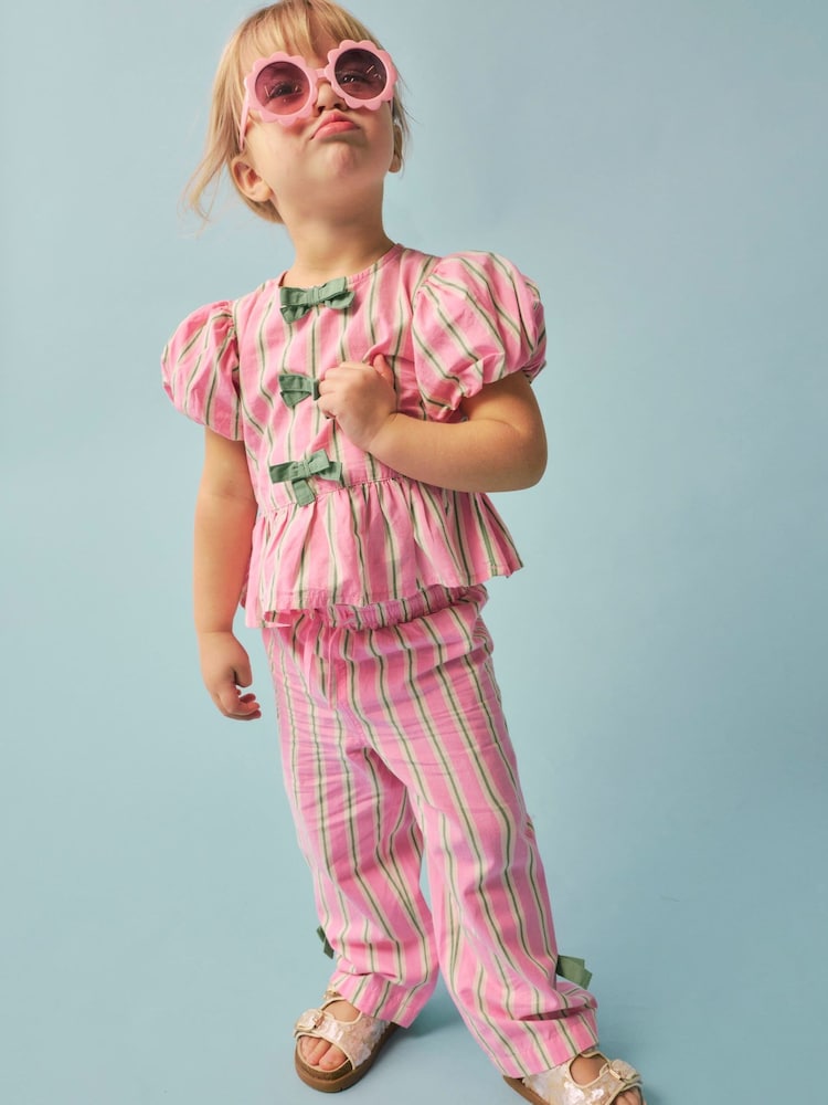 River Island Pink Stripe Puff Sleeve Top & Bow Wide Leg Set - River Island Pink Stripe Puff Sleeve