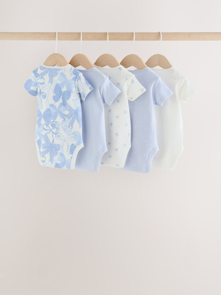 Blue Bow Short Sleeve Baby Bodysuit 5 Pack