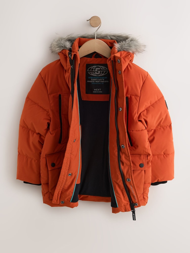 Orange Heavyweight Shower Resistant Faux Fur Trim Parka Coat (3-16yrs)
