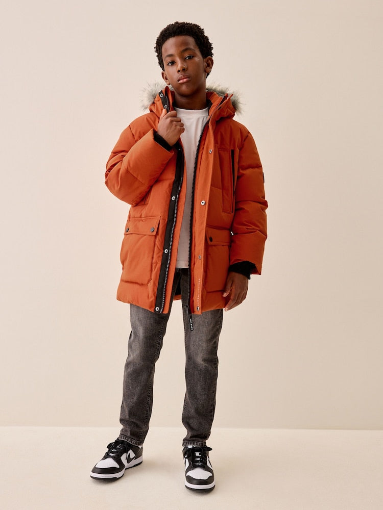 Orange Heavyweight Shower Resistant Faux Fur Trim Parka Coat (3-16yrs)