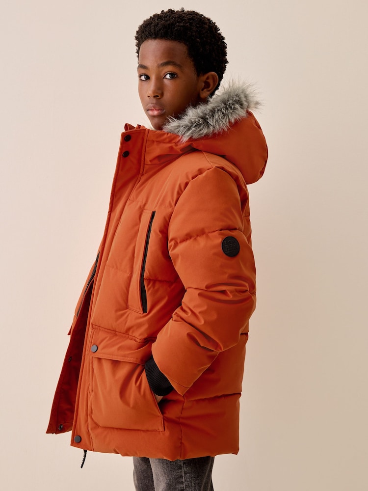 Orange Heavyweight Shower Resistant Faux Fur Trim Parka Coat (3-16yrs)