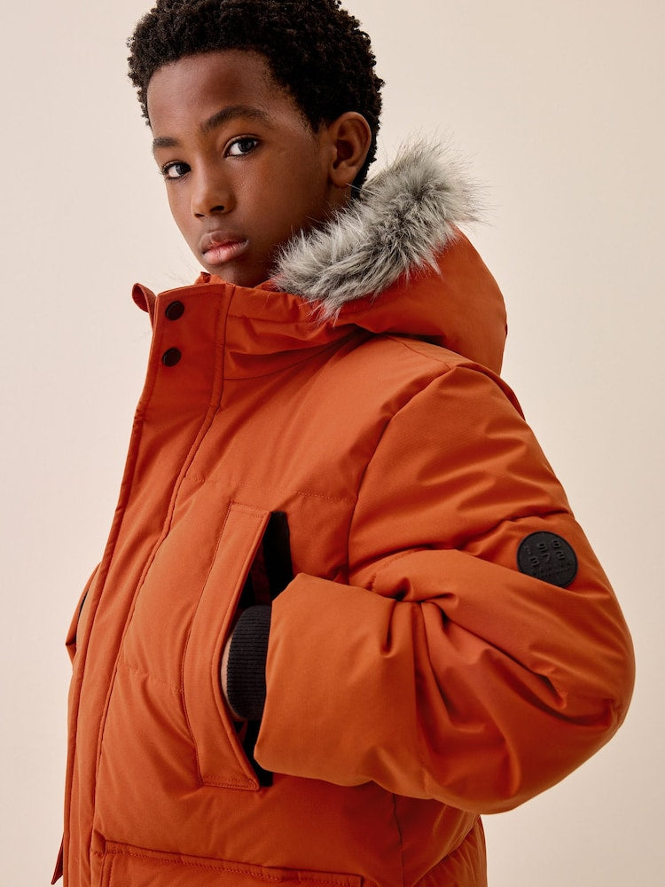 Orange Heavyweight Shower Resistant Faux Fur Trim Parka Coat (3-16yrs)