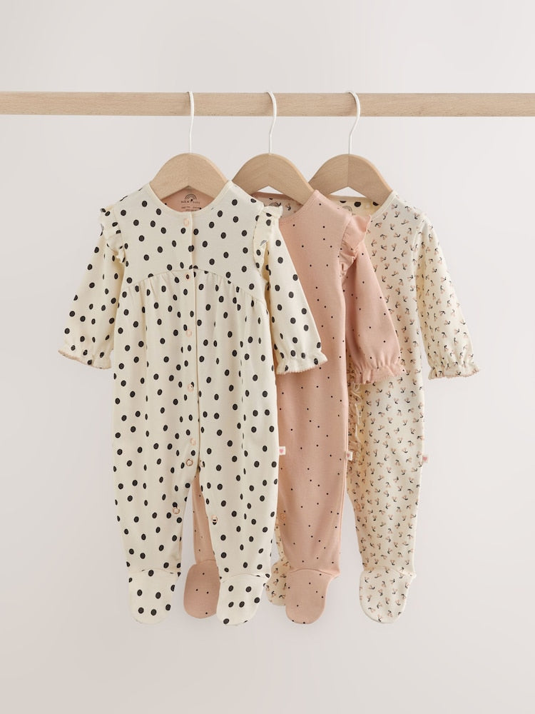 Cream/Pink Polka Dot Baby Sleepsuits 3 Pack (0mths-2yrs) - Cream/Pink Polka Dot / Up to 1 Month (50-56cm)