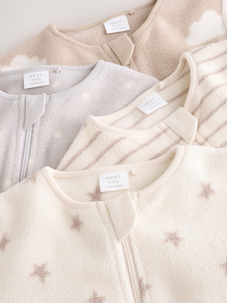 Neutral Micro Fleece Two Way Zip Baby Sleepsuits 4 Pack