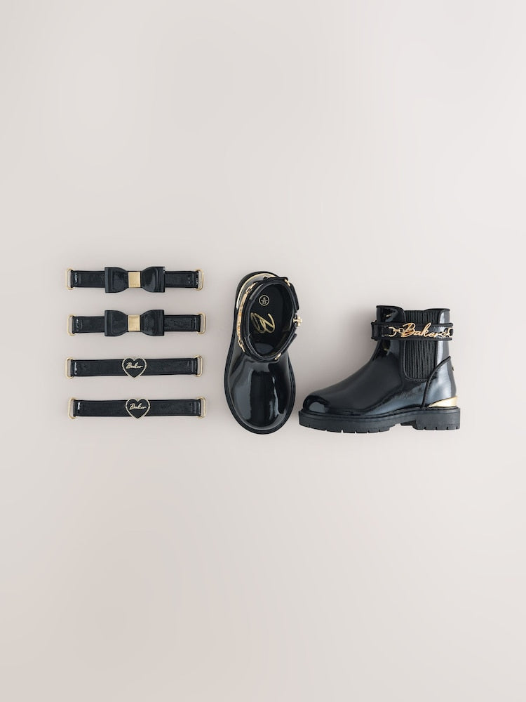 Baker by Ted Baker Black Patent Baker by Ted Baker Black Multiple Straps Chunky Chelsea Black Patent Boots