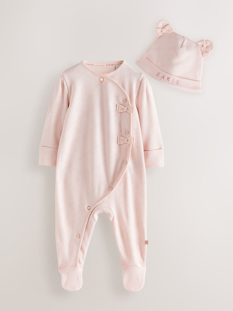 Baker by Ted Baker Pink Pointelle Wrap-Over Sleepsuit & Hat Set