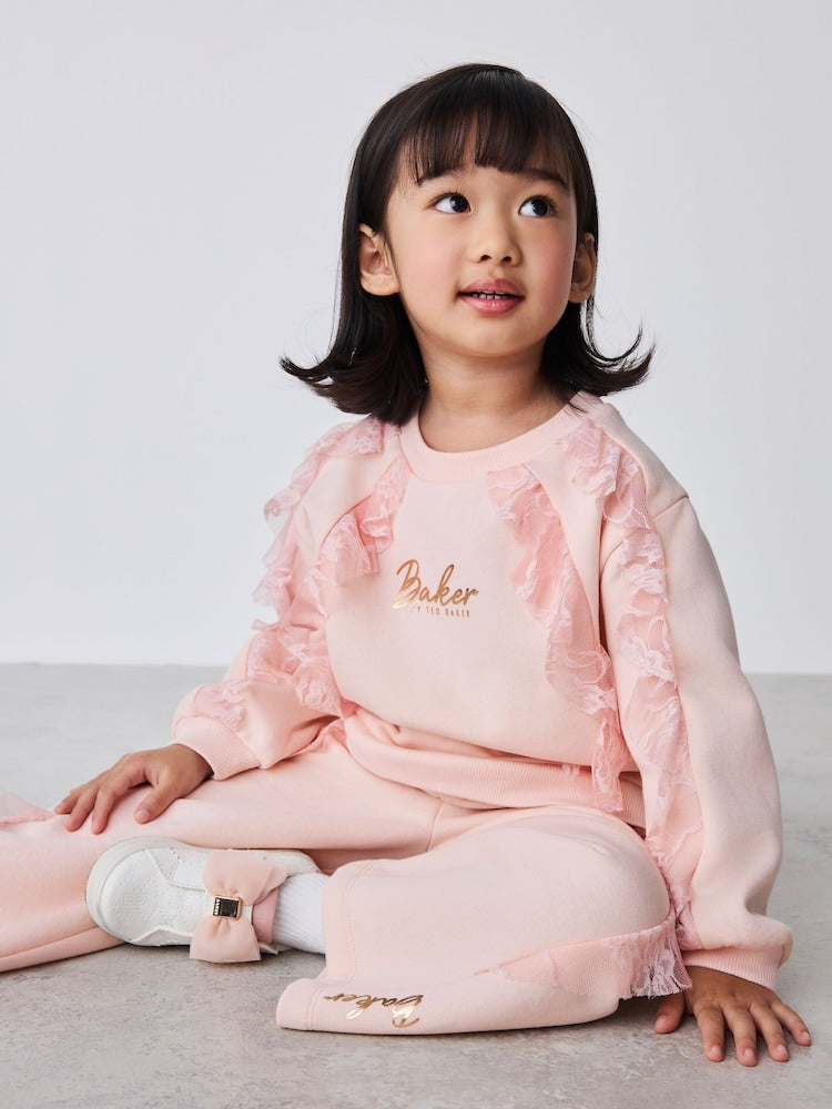 Baker by Ted Baker Pink Lace Trim Sweat Top & Joggers Set 2 Piece