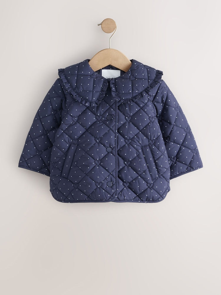 Navy Polka Dot Shower Resistant Frill Collar Quilted Jacket (3mths-7yrs)