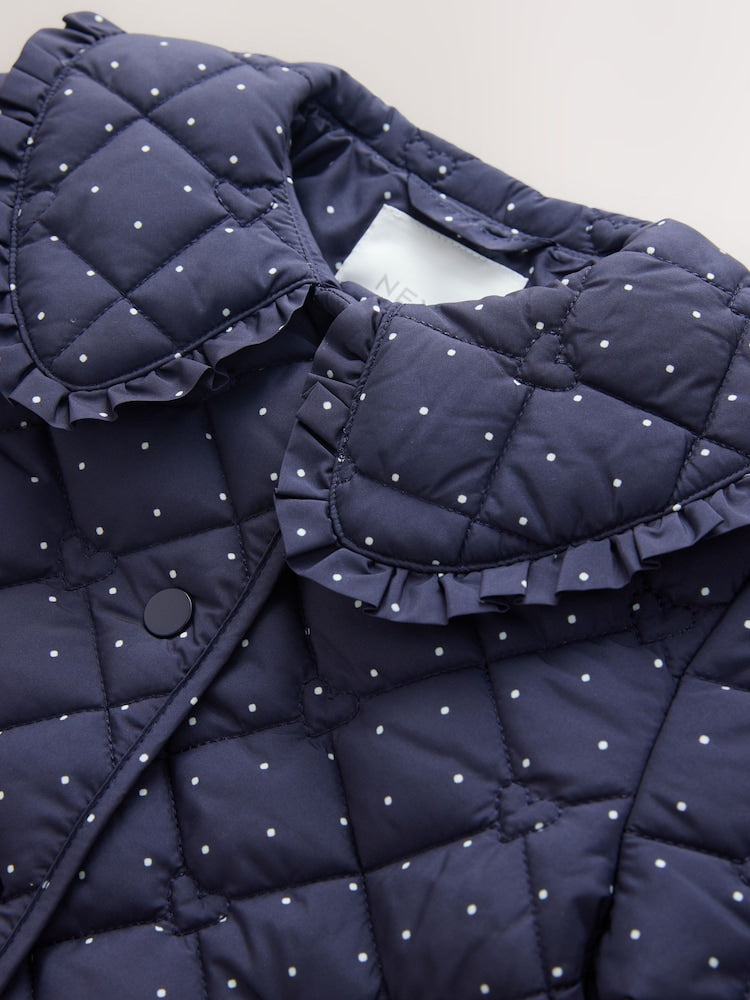 Navy Polka Dot Shower Resistant Frill Collar Quilted Jacket (3mths-7yrs)