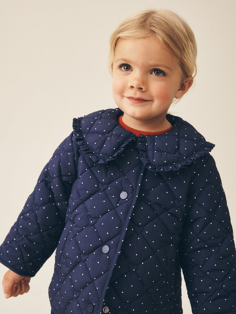Navy Polka Dot Shower Resistant Frill Collar Quilted Jacket (3mths-7yrs)