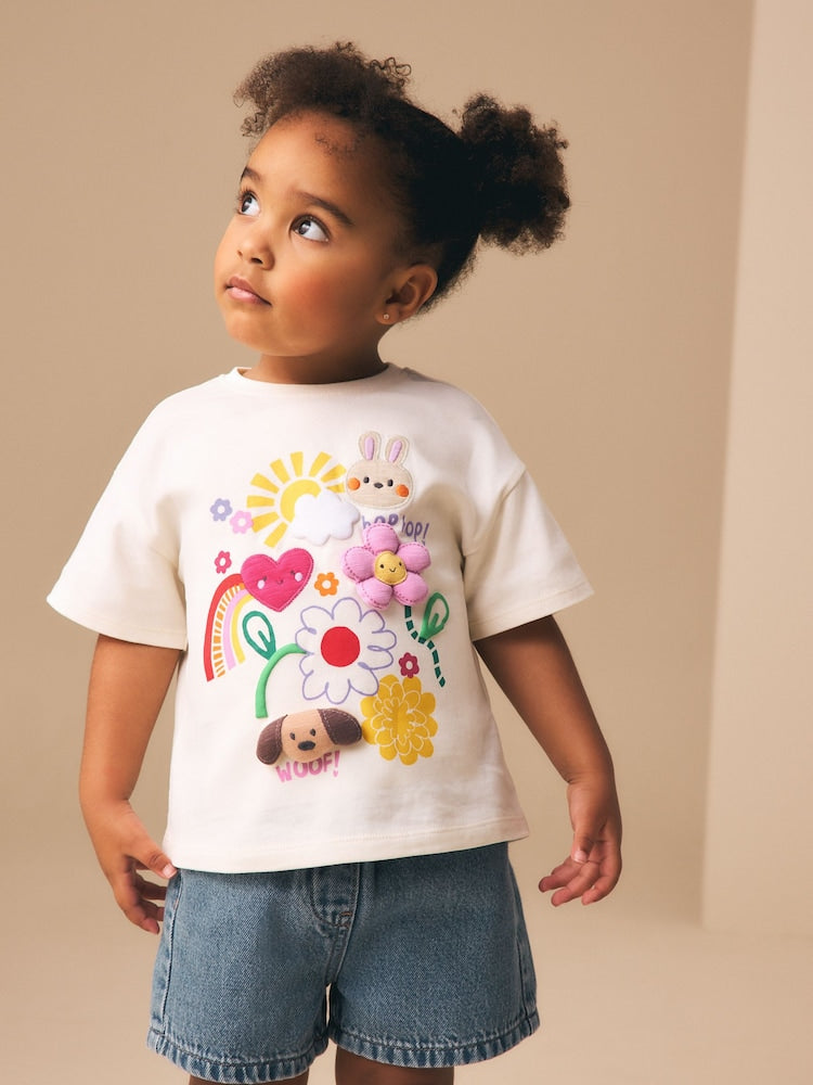 Ecru White Padded Bunny Short Sleeve T-Shirt (3mths-7yrs) - Ecru White Padded Bunny / 12-18 Months (80-86cm)
