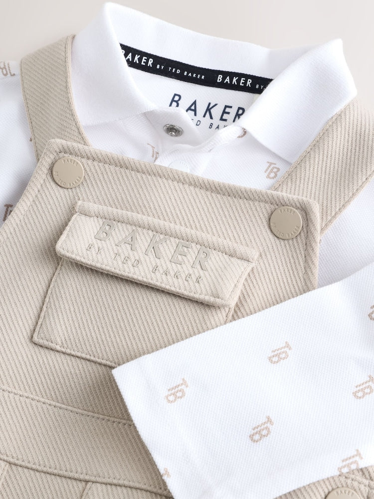 Baker by Ted Baker Stone Textured Dungaree and All Over Print Polo Shirt Set