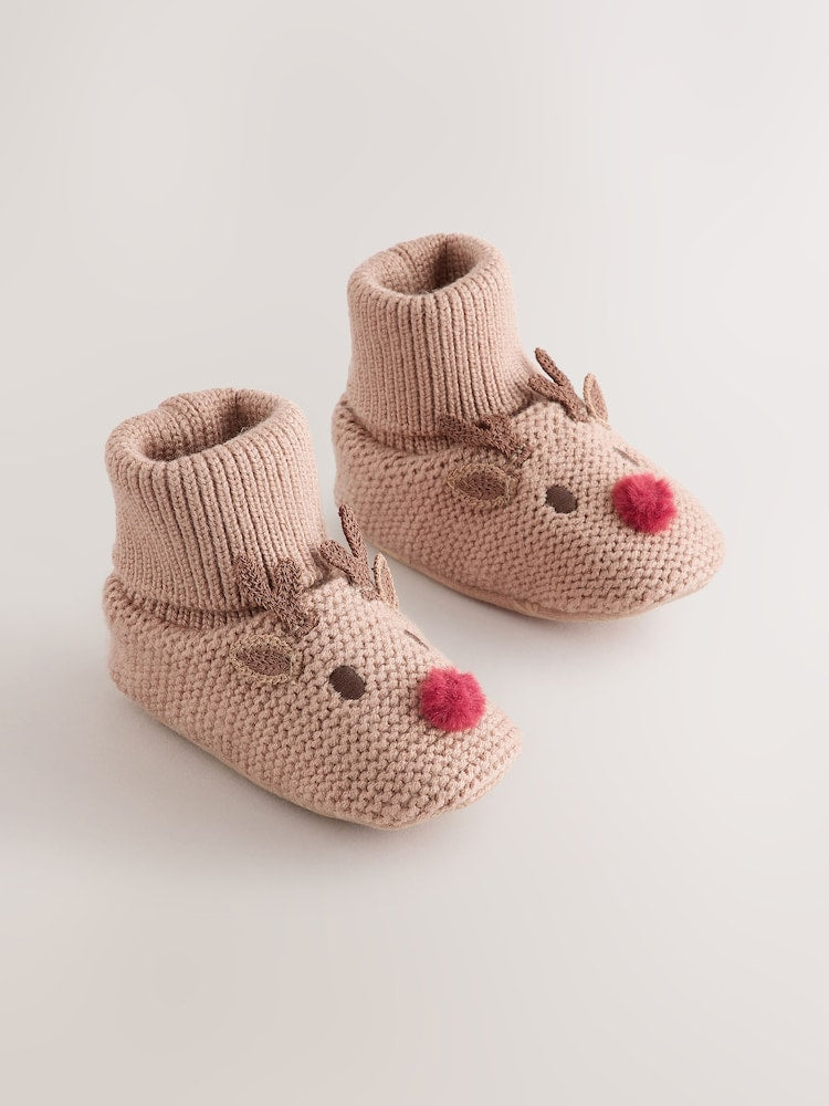 Brown Reindeer Baby Sock Top Boots (0-18mths) - Up to 1 Month (50-56cm)
