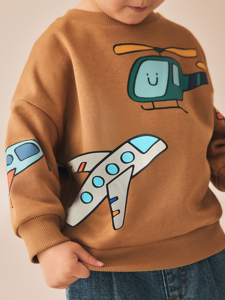 Tan Brown All Over Printed Crew Neck Sweat Top (3mths-7yrs)