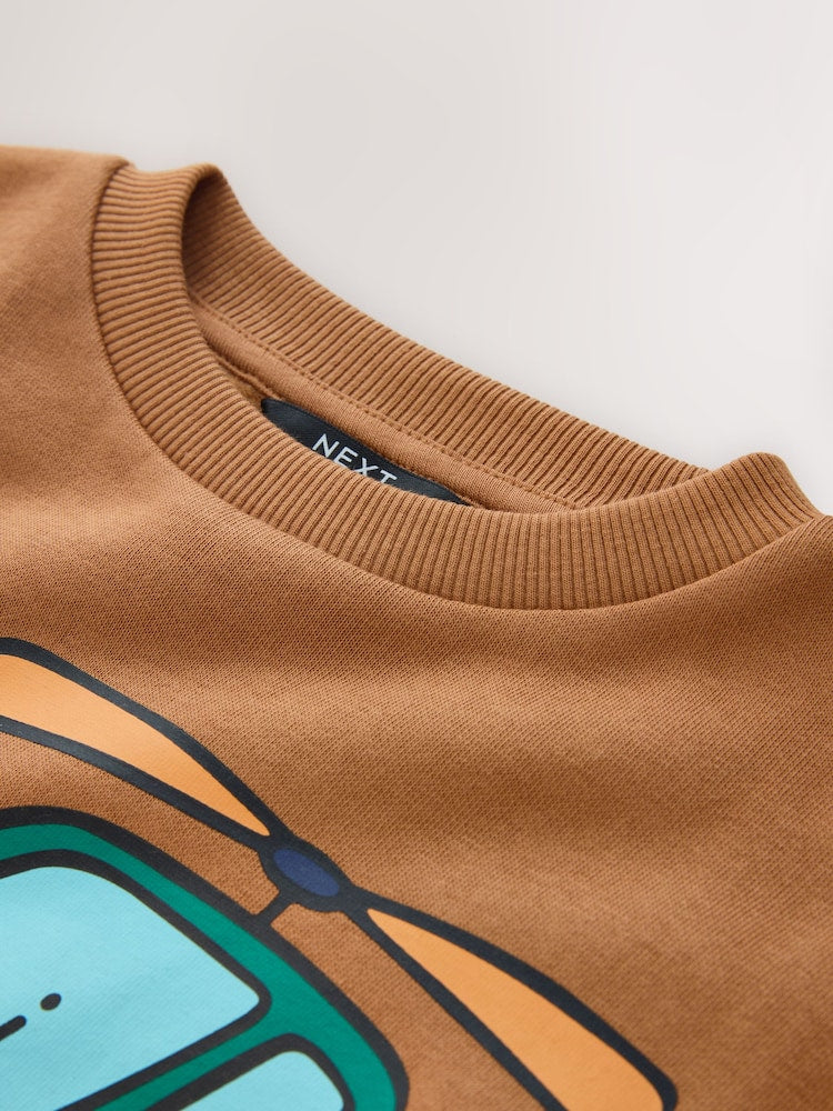 Tan Brown All Over Printed Crew Neck Sweat Top (3mths-7yrs)