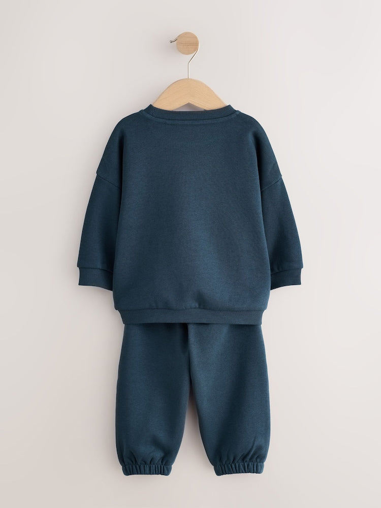 Navy Single Printed Crew Neck Sweat Top & Joggers Set (3mths-7yrs)