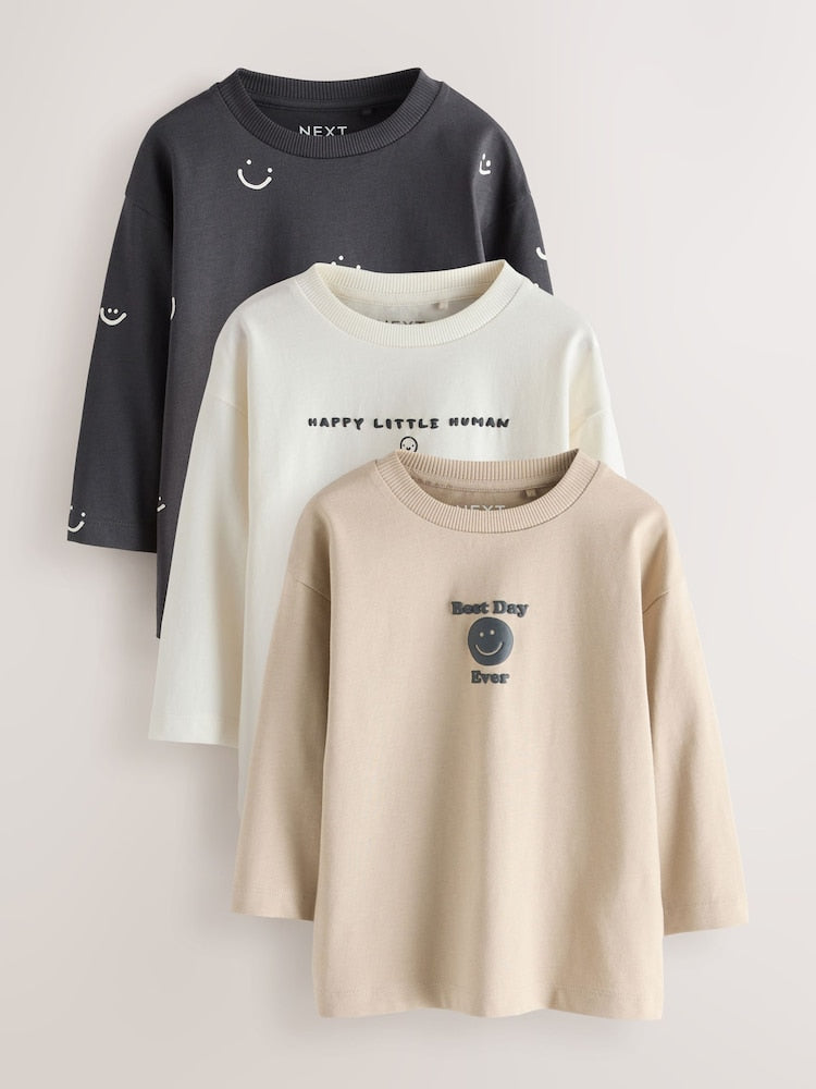 Monochrome Smile Face Long Sleeve Graphic T-Shirts 3 Pack (3mths-7yrs) - Monochrome Smile Face Long Sleeve Graphic / 12-18 Months (80-86cm)